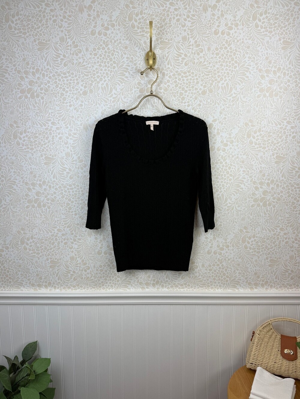 Rebecca Taylor Black Wool Blend Ruffle Neckline Knit Sweater - Size - Medium